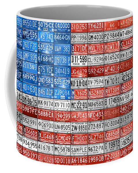 Art Coffee Mug featuring the mixed media License Plate Flag of the United States by Design Turnpike