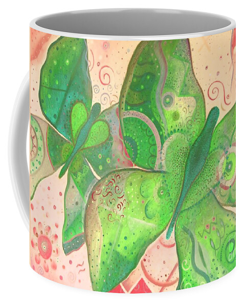 Moth Coffee Mug featuring the painting Lighthearted In Green On Red by Helena Tiainen