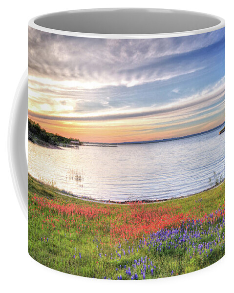 Bluebonnets Coffee Mug featuring the photograph Lighthouse Sunset at Lake Buchanan by Lynn Bauer