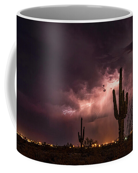 Lightning Coffee Mug featuring the photograph Lighting Up The Desert Night by Saija Lehtonen