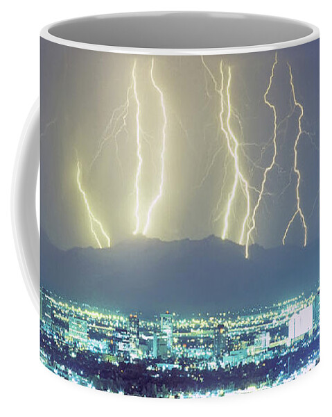Phoenix Coffee Mug featuring the photograph Lightning Over Phoenix Arizona Panorama by James BO Insogna