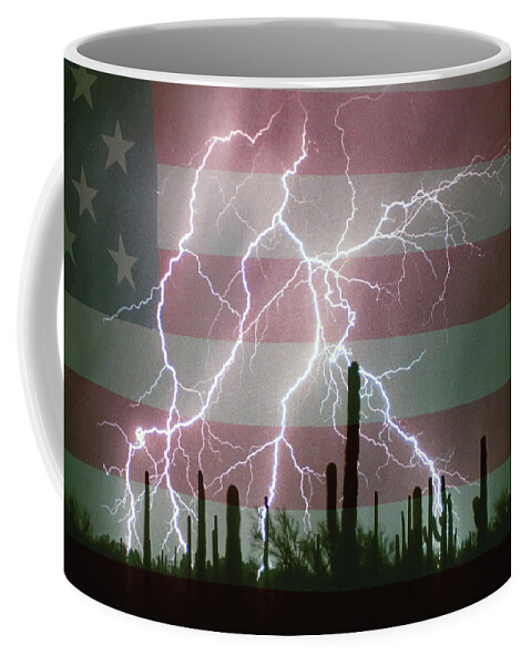 Americano Coffee Mug featuring the photograph Lightning Storm in the USA Desert Flag Background by James BO Insogna