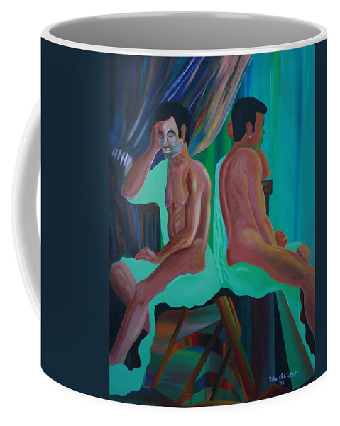 Like Poles Coffee Mug featuring the painting Like Poles by Obi-Tabot Tabe