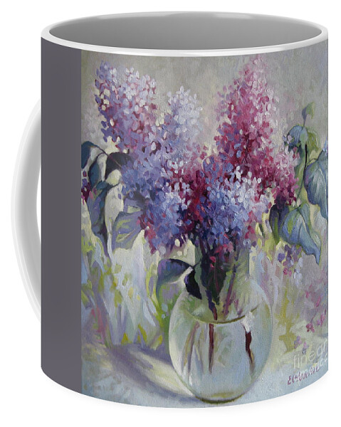 Lilac Coffee Mug featuring the painting Lilac bouquet by Elena Oleniuc