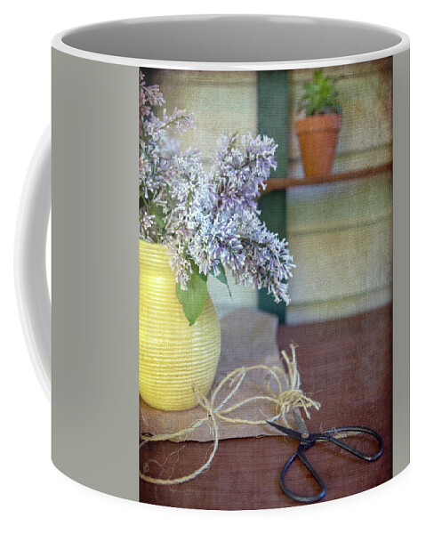 Lilacs Coffee Mug featuring the photograph Lilacs in Yellow Vase by Rebecca Cozart