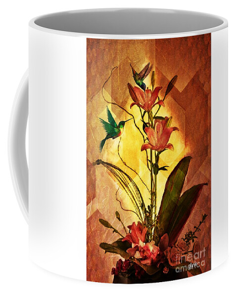 Lilies And Hummingbirds Coffee Mug featuring the digital art Lilies and Hummingbirds by Maria Urso