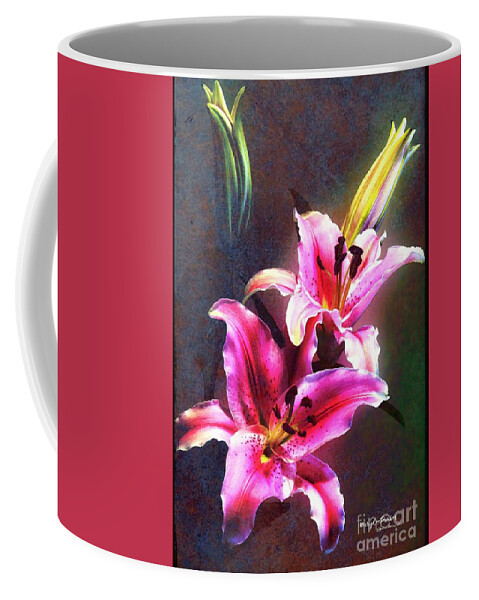 #flowers#lilies #photograph # Texture #background # Dark #colors # Pink#yellow # Green # Mixmedia #!canvas# Framed #print# Poster # Metal # Pillow # Pouch # Mug # Weekend Bag #tote Bag# Duvet Cover # Shower Curtain # Phone Case # Phone Battery Case # Yoga Mat # Beach Towel # T Stirt # Greeting Card Coffee Mug featuring the mixed media Lilies At Night by MaryLee Parker