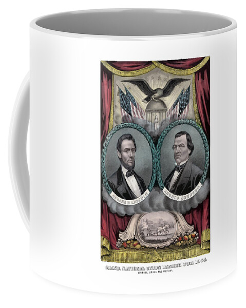 Abraham Lincoln Coffee Mug featuring the painting Lincoln and Johnson Election Banner 1864 by War Is Hell Store