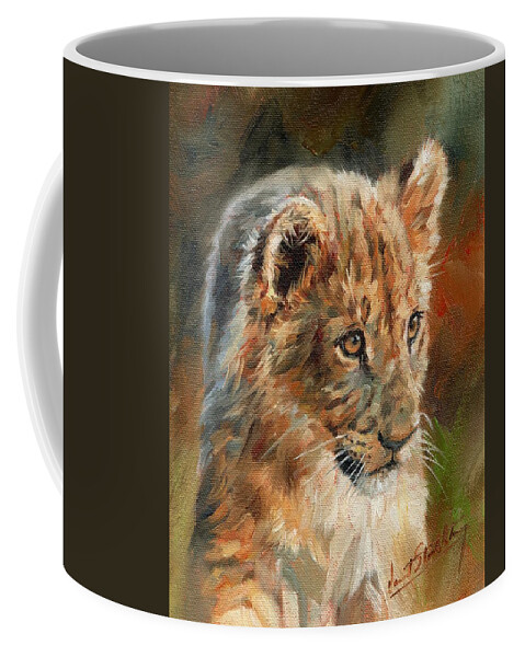 Lion Coffee Mug featuring the painting Lion Cub Portrait by David Stribbling