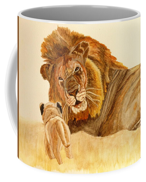 Lion Coffee Mug featuring the painting Lion Watercolor by Angeles M Pomata