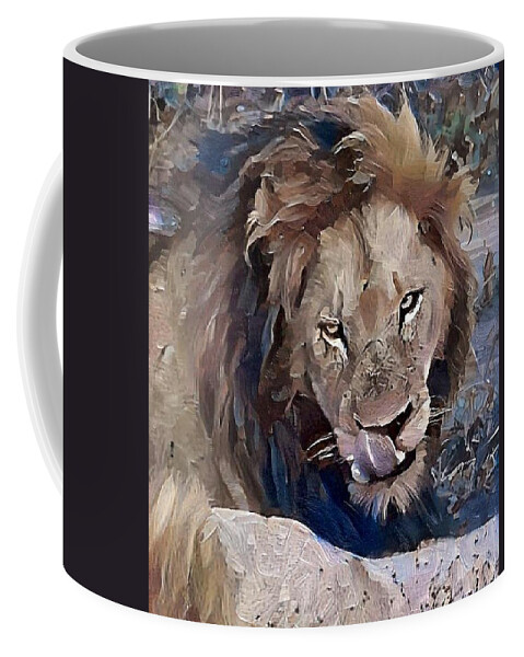 Lion Coffee Mug featuring the photograph Lion with Tongue by Gini Moore