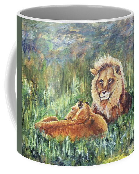 Lions Coffee Mug featuring the painting Lions Resting by Janis Lee Colon