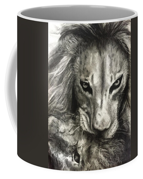 Lion Coffee Mug featuring the drawing Lion's World by Michelle Pier
