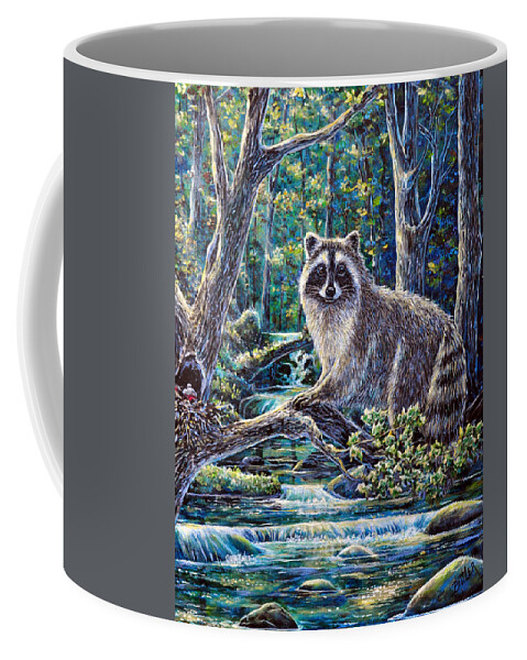 Animal Nature Raccoon Stream Pond Forest Fishing Trees Coffee Mug featuring the painting Little Bandit by Gail Butler