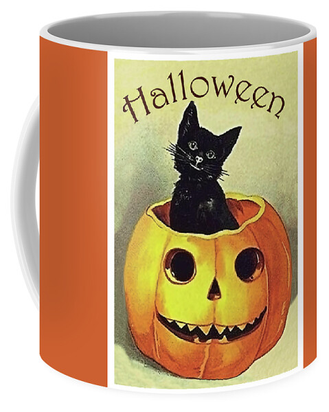 Little Cat Coffee Mug featuring the mixed media Little black cat inside carved pumpkin by Long Shot
