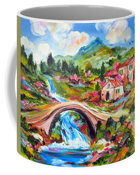 River Coffee Mug featuring the painting Little bridge and country farm by Roberto Gagliardi