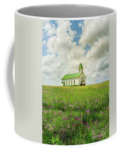 Church Coffee Mug featuring the photograph Little Church On Hill Of Wildflowers by Robert Frederick