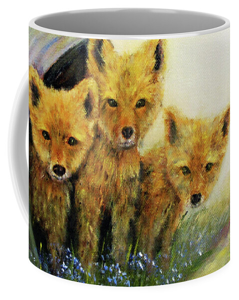 Wildlife Coffee Mug featuring the painting Little Foxes by Loretta Luglio