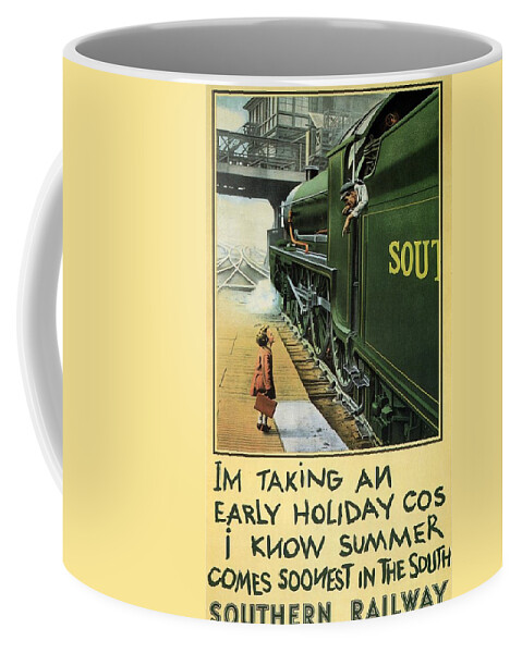Little Girl On A Train Coffee Mug featuring the painting Little Girl boarding a Train - Vintage Steam Locomotive - Advertising Poster for Southern Railway by Studio Grafiikka