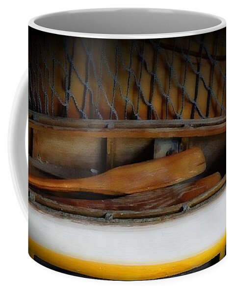 Wooden Model Boat Coffee Mug featuring the photograph Little White and Yellow Model Boat by Lilliana Mendez