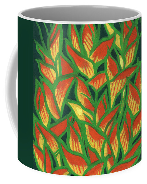Clipsocallipso Coffee Mug featuring the painting Lobster Claw / Heliconia Rostrata, tropic flowers, green, yellow and orange by Julia Khoroshikh