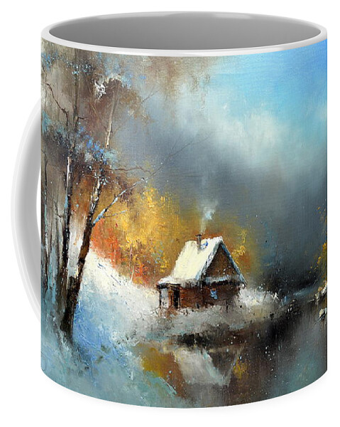 Russian Artists New Wave Coffee Mug featuring the painting Lodge in the Winter Forest by Igor Medvedev