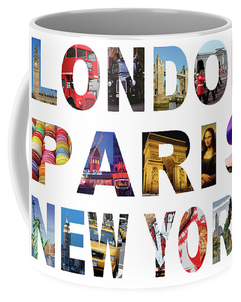 Cities Coffee Mug featuring the digital art London Paris New York, White Background by MGL Meiklejohn Graphics Licensing