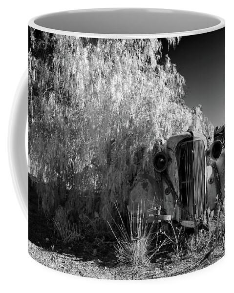 Broken Hill Nsw New South Wales Australian Old Car Pepper Tree Monochrome Mono B&w Black And White Coffee Mug featuring the photograph Long Term Parking by Bill Robinson