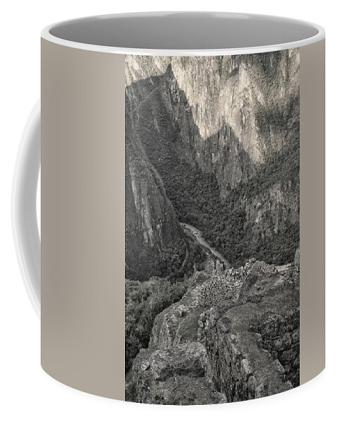 Machu Picchu Coffee Mug featuring the photograph Looking Way Down from Way Up - BW by Jessica Levant