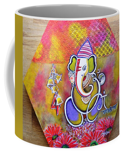 Ganesha Coffee Mug featuring the painting Lord Ganesha with Mantra Om Gam Ganapateye Namaha by Manjiri Kanvinde