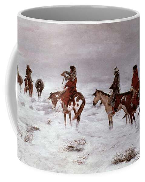 Lost In A Snow Storm We Are Friends 1888 Coffee Mug featuring the painting Lost in a Snow Storm We Are Friends by Charles Marion Russell