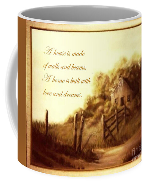 Gold And Green Tones Country Scene Coffee Mug featuring the painting Love and Dreams by Hazel Holland