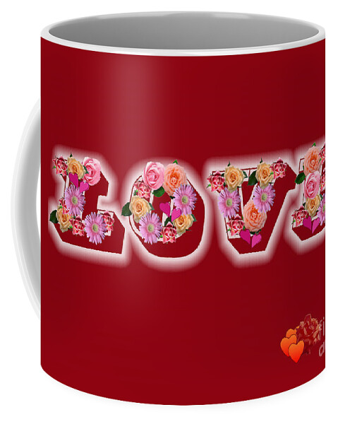 Red Coffee Mug featuring the digital art Love On Red with Flowers by Teresa Zieba