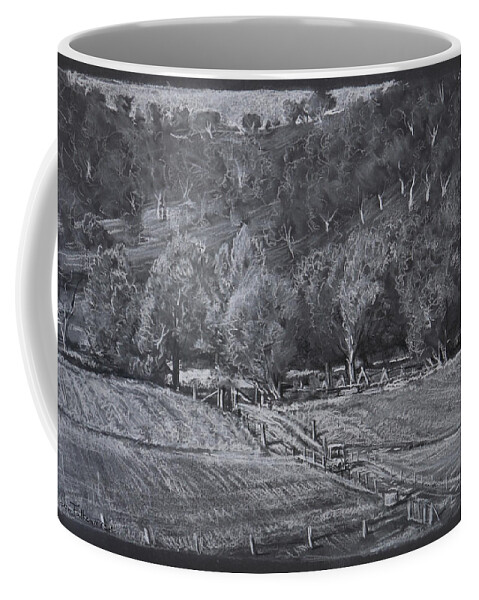  Coffee Mug featuring the drawing Lucern Fields, Dungowan NSW by Jon Falkenmire