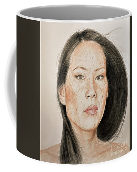 Lucy Liu Coffee Mug featuring the drawing Lucy Liu Freckled Beauty by Jim Fitzpatrick