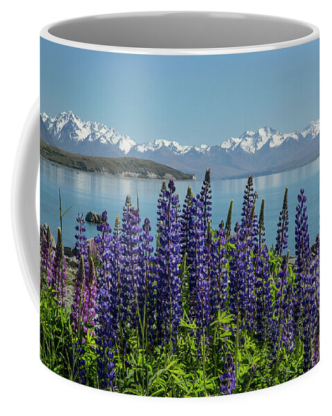 New Zealand Coffee Mug featuring the photograph Lupines at Lake Tekapo by Cheryl Strahl