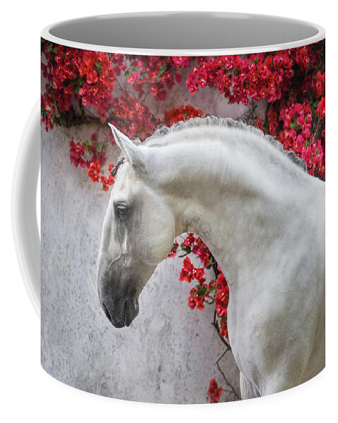 Russian Artists New Wave Coffee Mug featuring the photograph Lusitano Portrait in Red Flowers by Ekaterina Druz