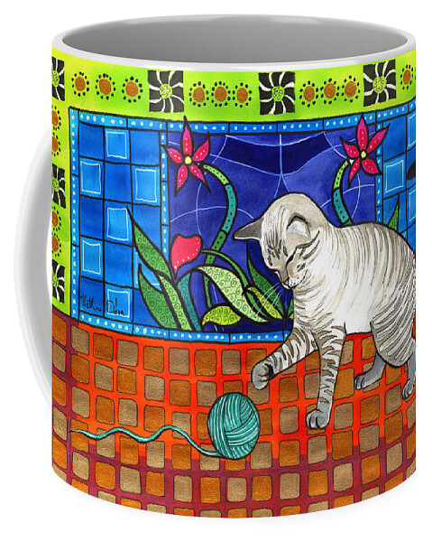 Lynx Point Coffee Mug featuring the painting Lynx Point Kitten Smitten with Yarn by Dora Hathazi Mendes