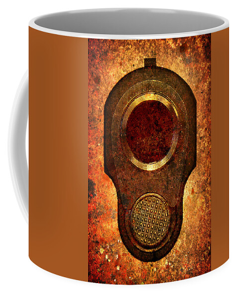 Colt Coffee Mug featuring the digital art M1911 Muzzle On Rusted Background by M L C