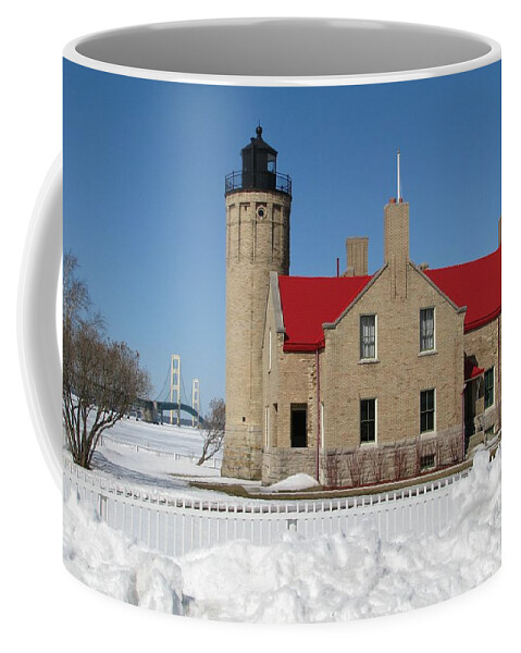 Old Mackinac Point Coffee Mug featuring the photograph Mackinac Bridge and Light by Keith Stokes