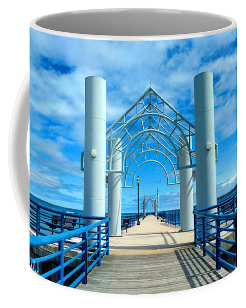 Mackinaw City Pierthe Mackinac Bridge Coffee Mug featuring the photograph Mackinaw City Pier by Michael Rucker