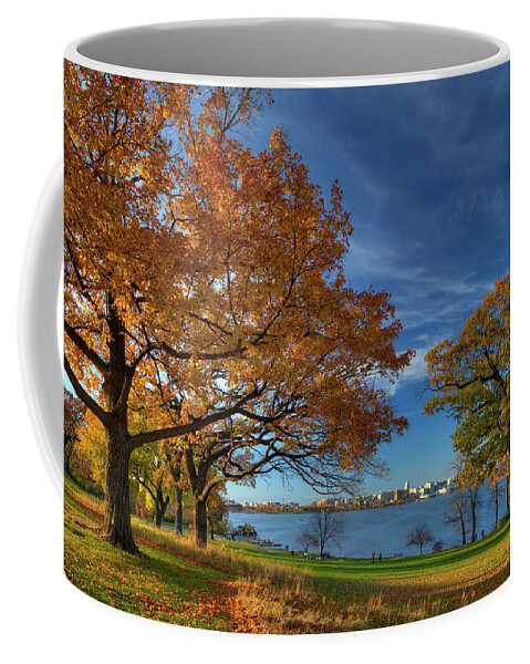 Olin Park Madison Wi Autumn Lake Monona Wisconsin Lake Fall Color Blue Yellow Capitol Coffee Mug featuring the photograph Madison across Lake Monona in Autumn Splendor from Olin Park by Peter Herman