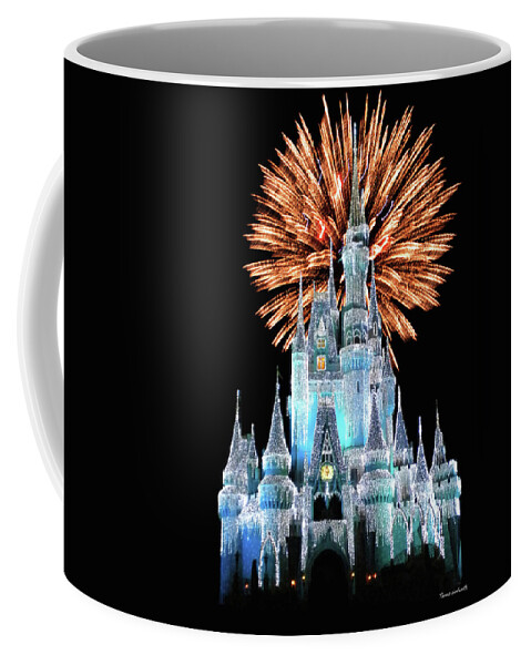 Castle Coffee Mug featuring the photograph Magic Kingdom Castle In Frosty Light Blue with Fireworks 02 MP by Thomas Woolworth