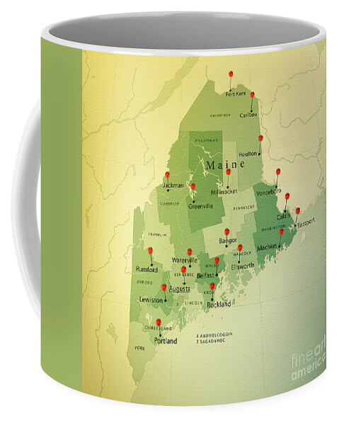 Cartography Coffee Mug featuring the digital art Maine US State Map Square Cities Straight Pin Vintage by Frank Ramspott