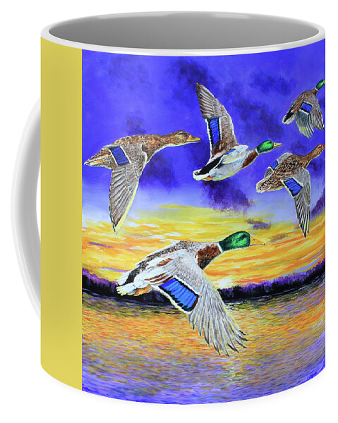 Mallards Coffee Mug featuring the painting Mallards Early Morning Flight by Karl Wagner