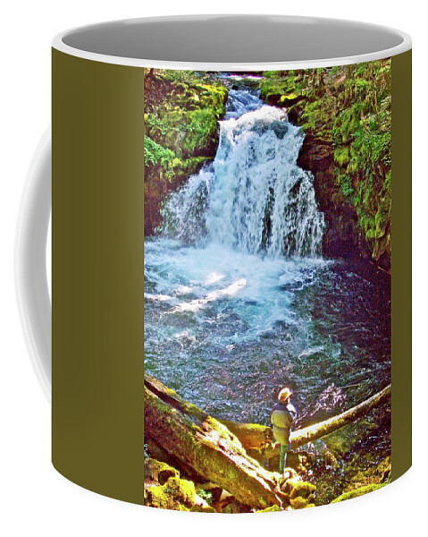 Man Fishing By Whitehorse Falls In Umpqua National Forest Coffee Mug featuring the photograph Man Fishing by Whitehorse Falls in Umpqua National Forest, Oregon by Ruth Hager