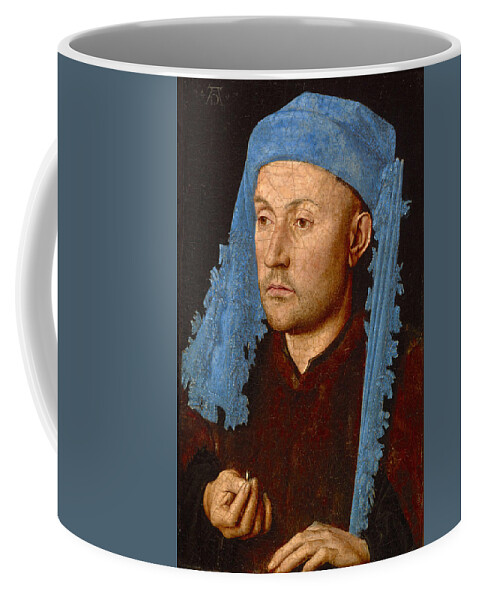 Jan Van Eyck Coffee Mug featuring the painting Man in a Blue Cap. Man with a Ring by Jan van Eyck