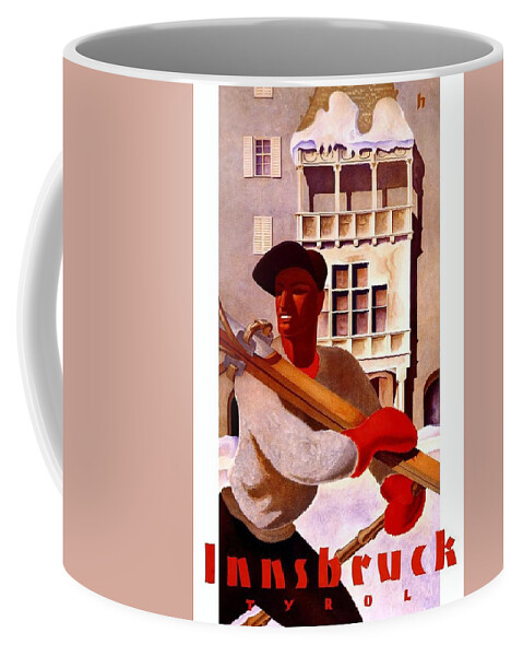 Winter Coffee Mug featuring the mixed media Man in winter clothes carrying skis - Innsbruck Austria - Vintage Travel Poster by Studio Grafiikka