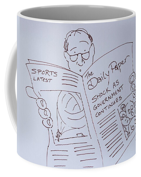 Man Reading A Newspaper Cartoon Coffee Mug featuring the drawing Man Reading A Newspaper Cartoon - What is the world coming to by Mike Jory