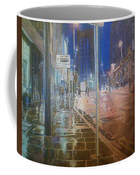Manchester Night Wet Pavements Light Reflections Buildings People Coffee Mug featuring the painting Manchester At Night by Rosanne Gartner